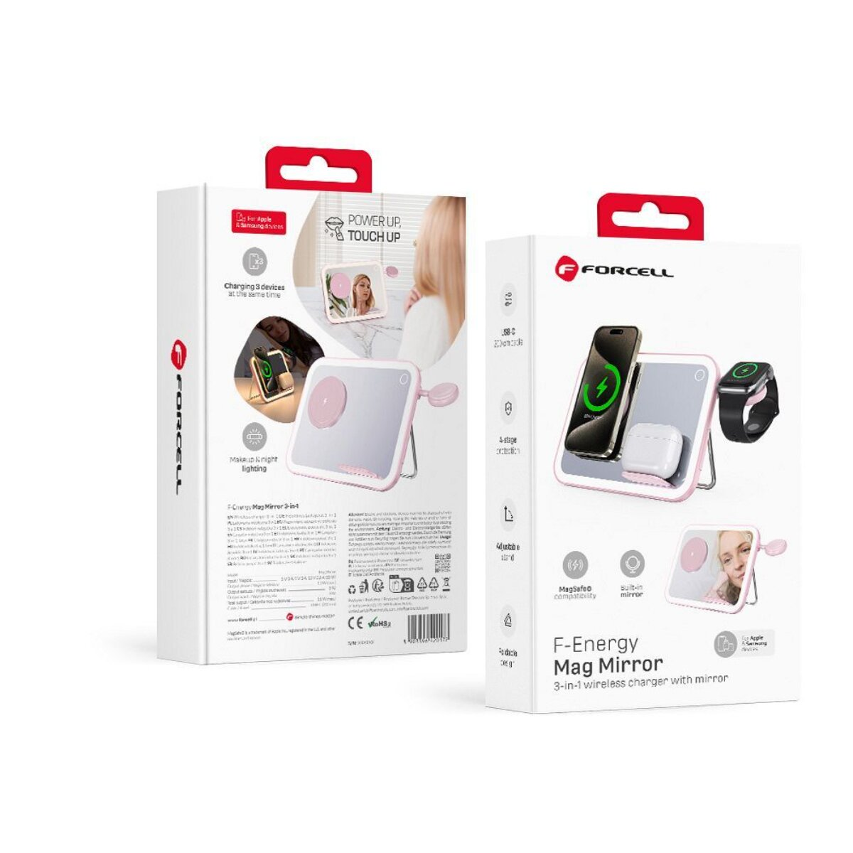 Emballage d'un chargeur 3-en-1 rose avec miroir et compatibilité MagSafe.