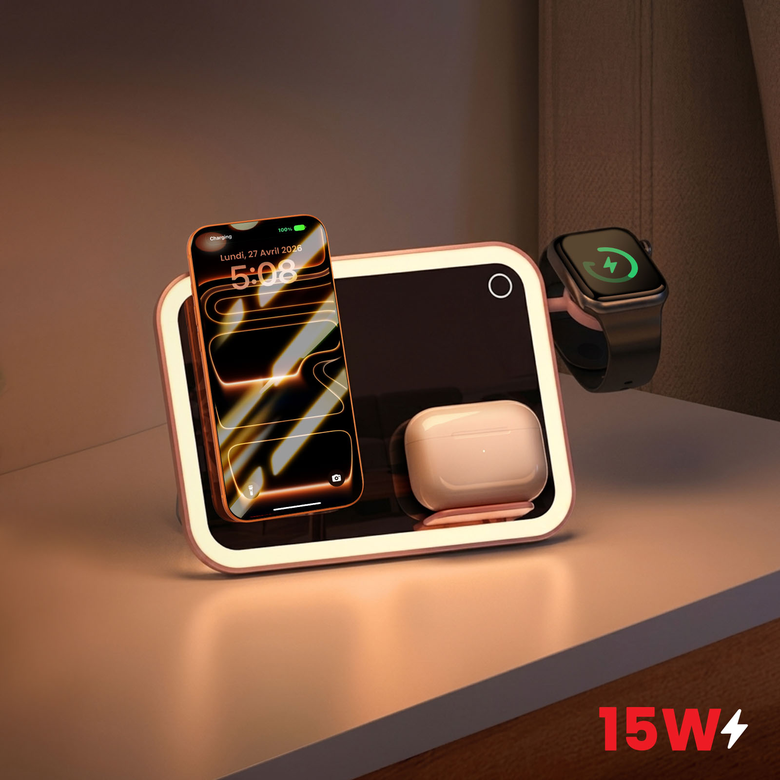 Station de recharge avec téléphone, écouteurs et montre connectée