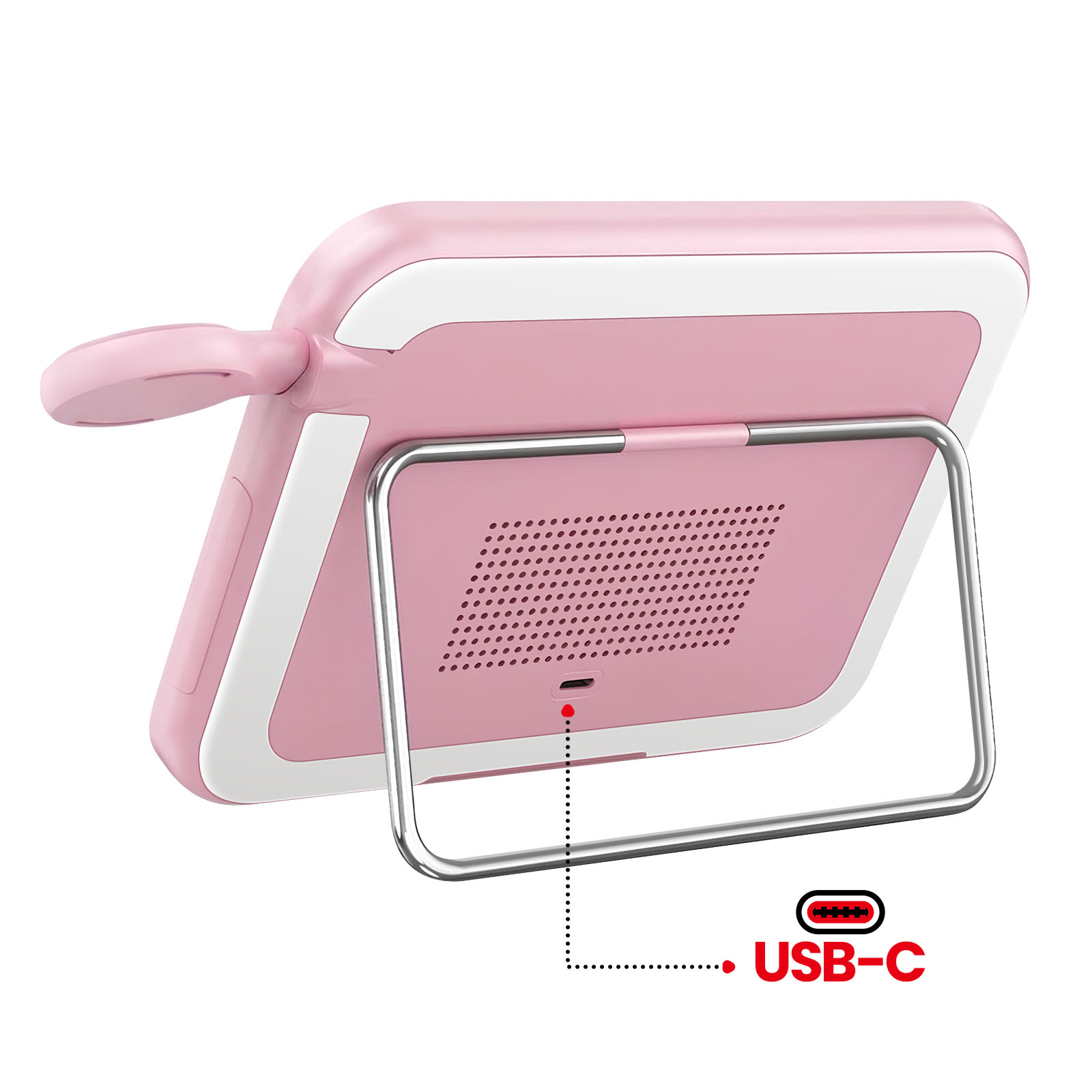 Arrière d'un appareil rose avec pied et port USB-C.