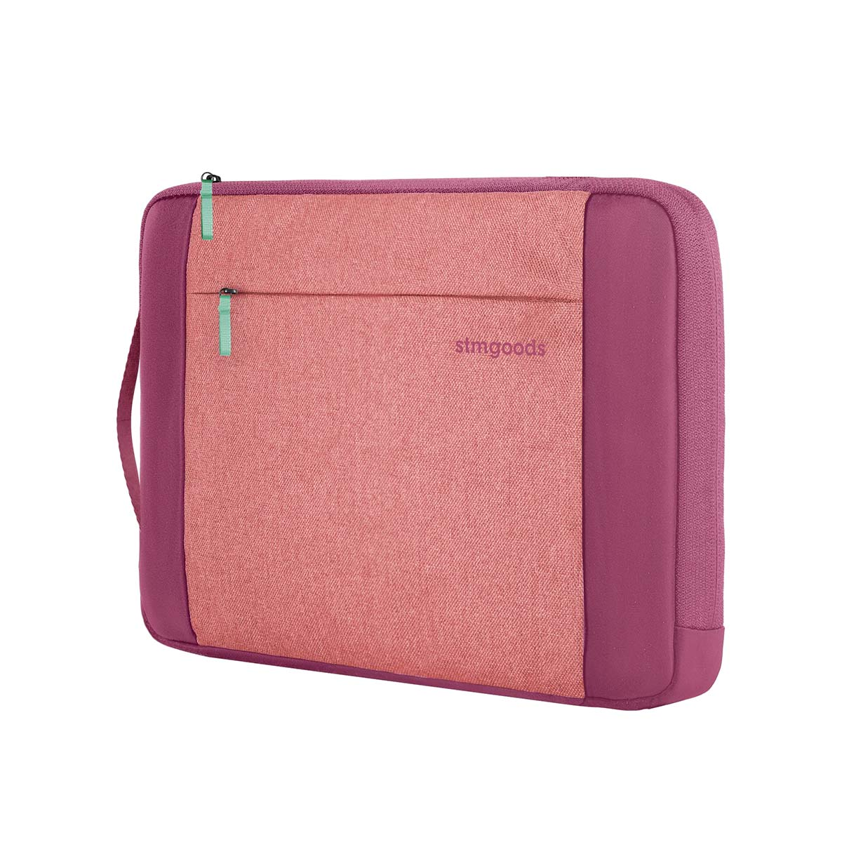 Eine rosafarbene Laptoptasche mit zwei Reißverschlüssen und einem Henkel.