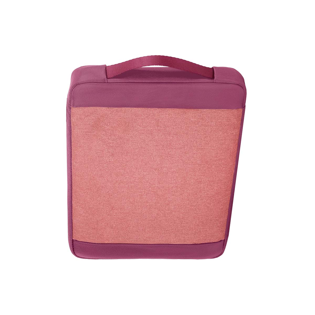 Eine rechteckige Tasche in Rosa und Lila mit einem Griff oben.