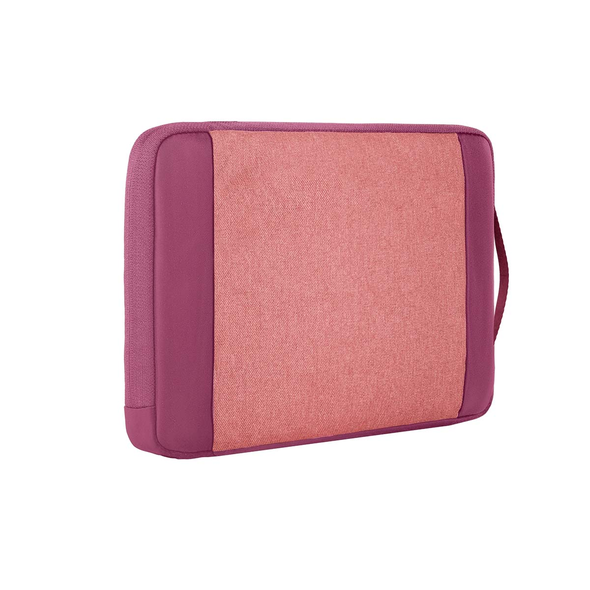 Eine pinke Laptoptasche mit einem rosa Stoffeinsatz und einem Griff.