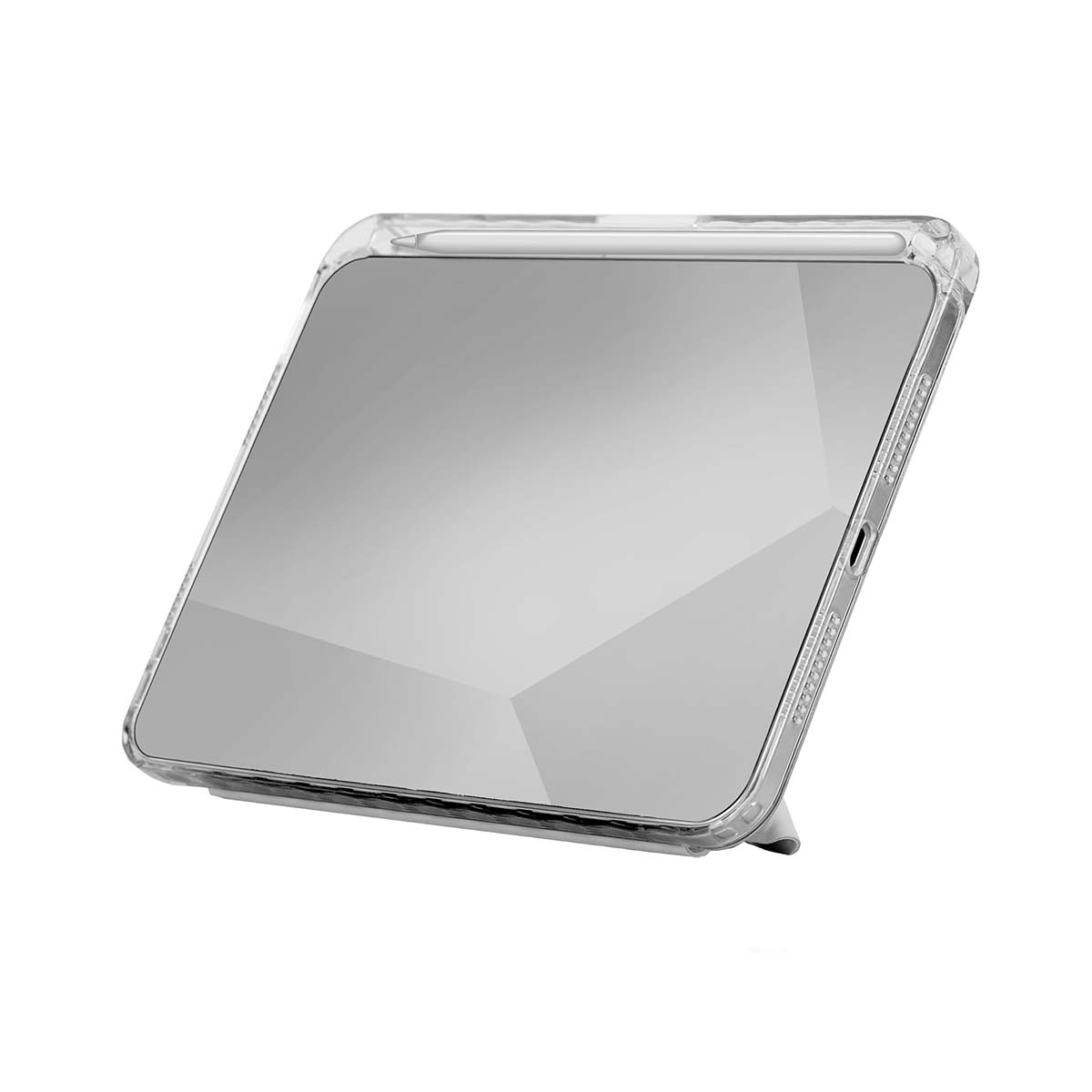 Ein transparentes Tablet mit einem Stift in einer Hülle, auf weißem Hintergrund.
