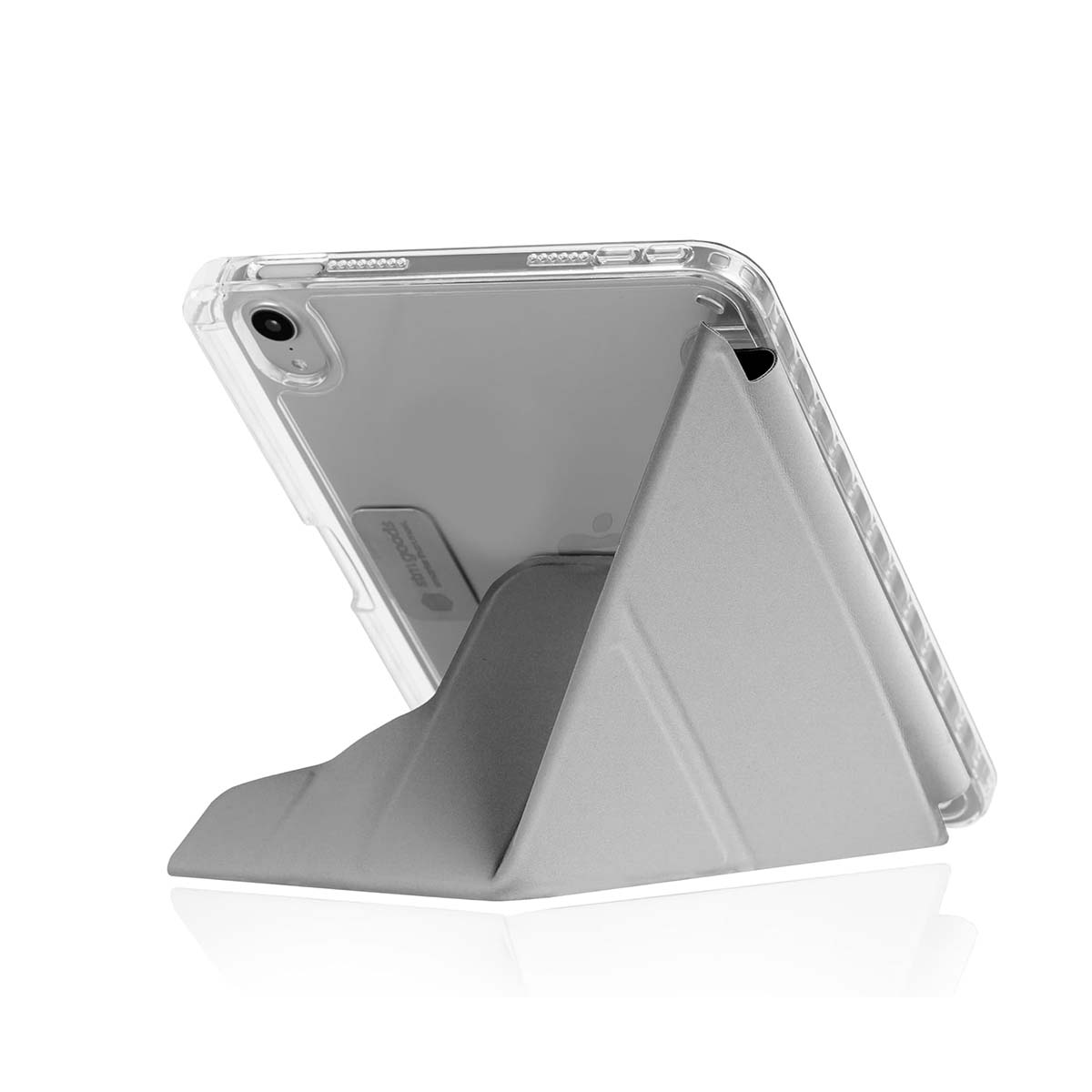 Eine durchsichtige Tablet-Hülle mit silbernem Ständer, die Rückseite des Tablets zeigend.