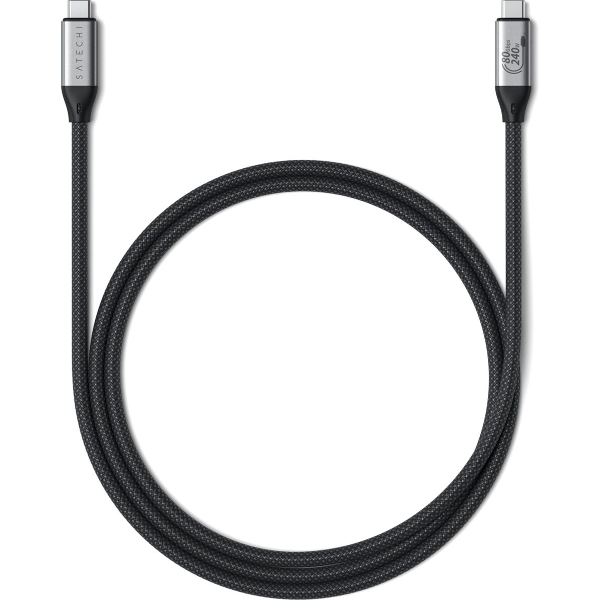 Ein schwarzes USB-C-Kabel mit silbernen Anschlüssen, auf weißem Hintergrund.