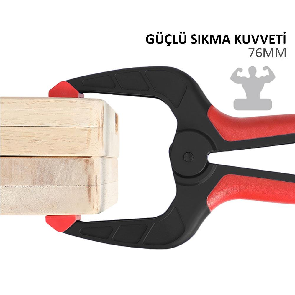 Siyah ve kırmızı kelepçe ahşap parçalarını tutar. 76mm sıkma gücü.