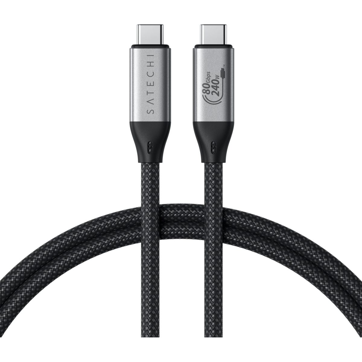 Zwei schwarze USB-C-Kabel mit silbernen Steckern, auf weißem Hintergrund.