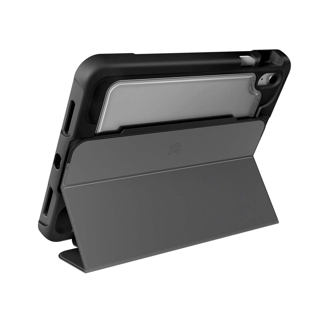 Un tablet nero in una custodia protettiva grigia con portapenne.