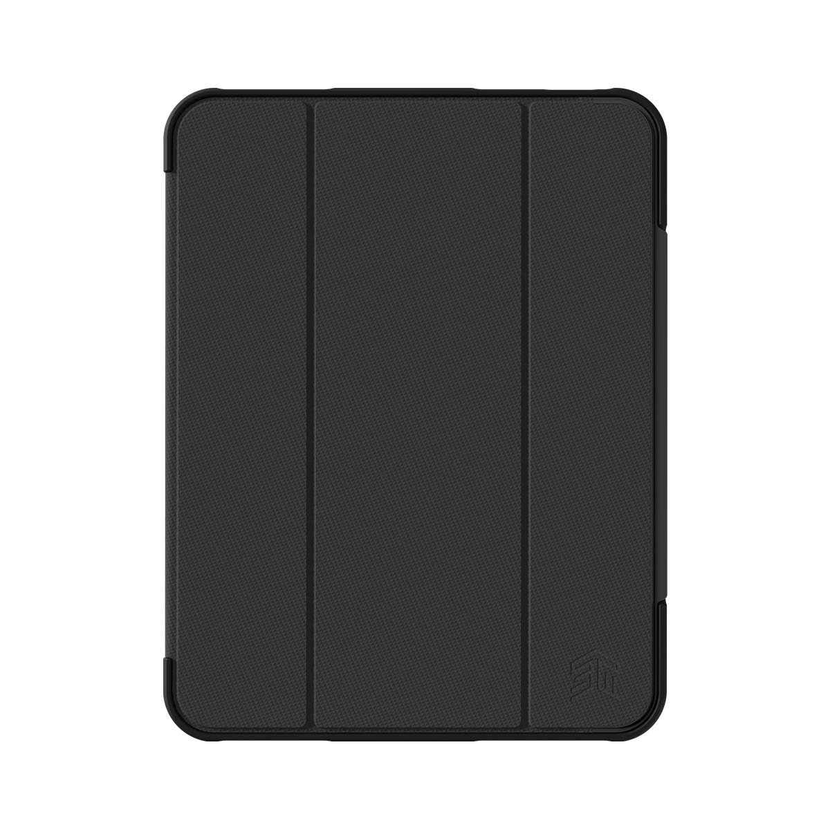 Una custodia nera per tablet con copertina anteriore piegata e texture a rilievo.
