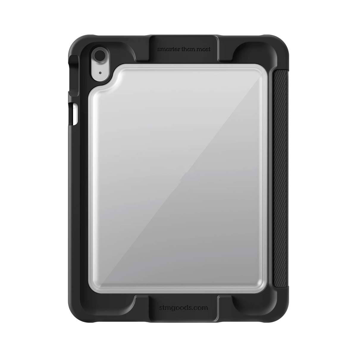 Custodia nera per tablet con finestra trasparente e ritaglio fotocamera.