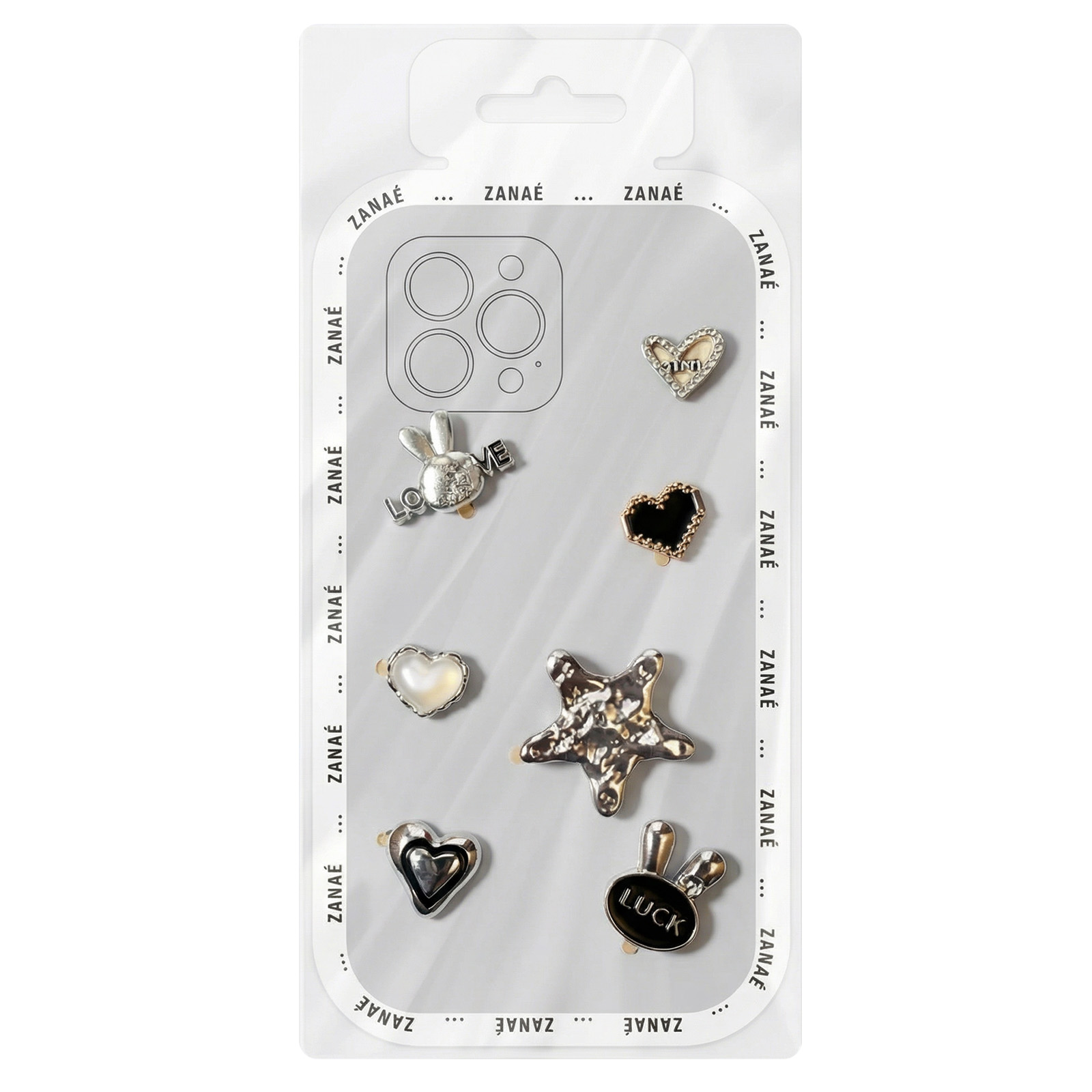 Verpackung mit Handy-Dekorationen: Herz, Stern, Hase, Glück.