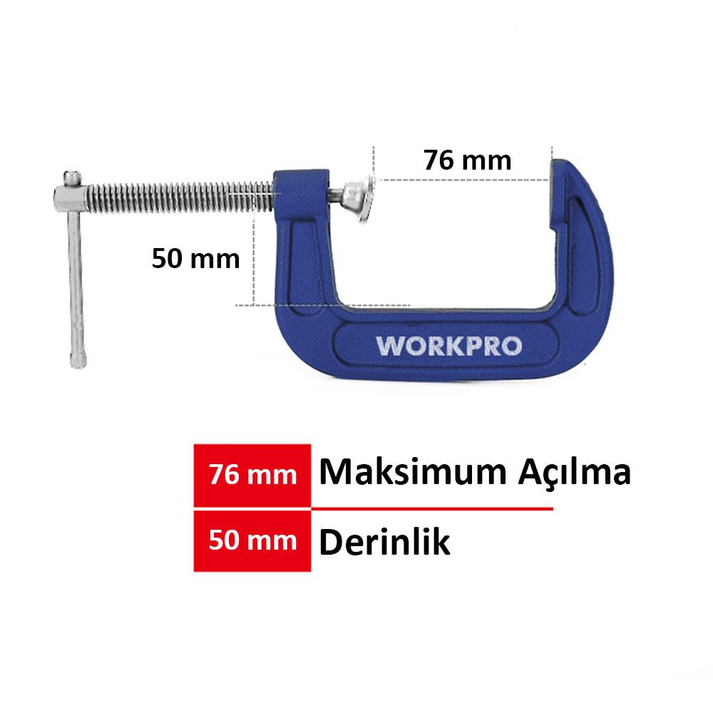 50 mm ve 76 mm boyutlarında mavi bir C-kelepçesi.