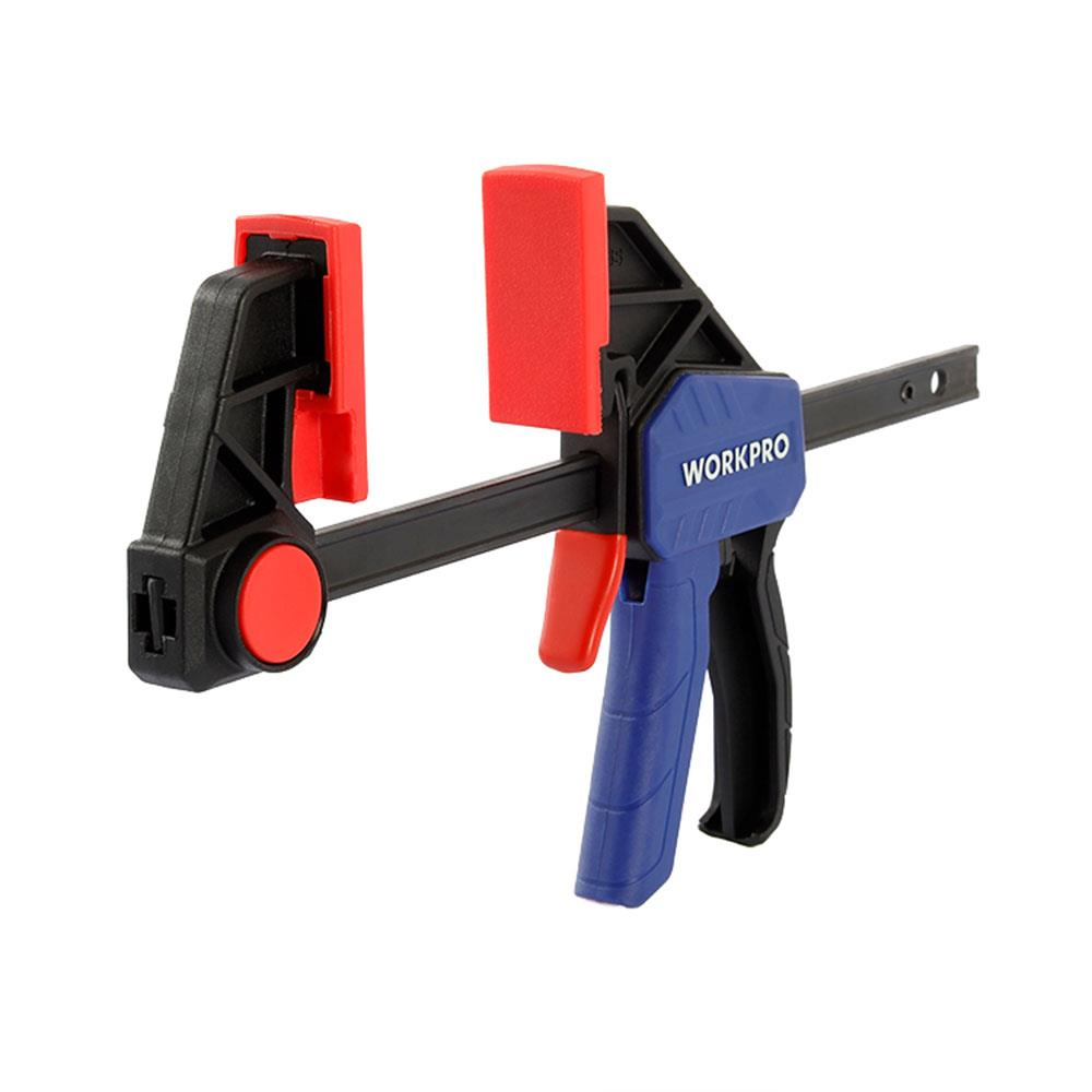 Mavi saplı ve kırmızı kelepçeli siyah çubuk kelepçe, WORKPRO markalı.