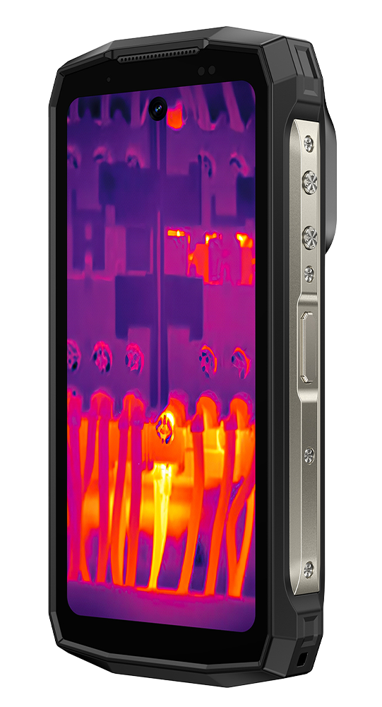 Ein robustes Smartphone mit einem Wärmebilddisplay, das heiße Leitungen zeigt.