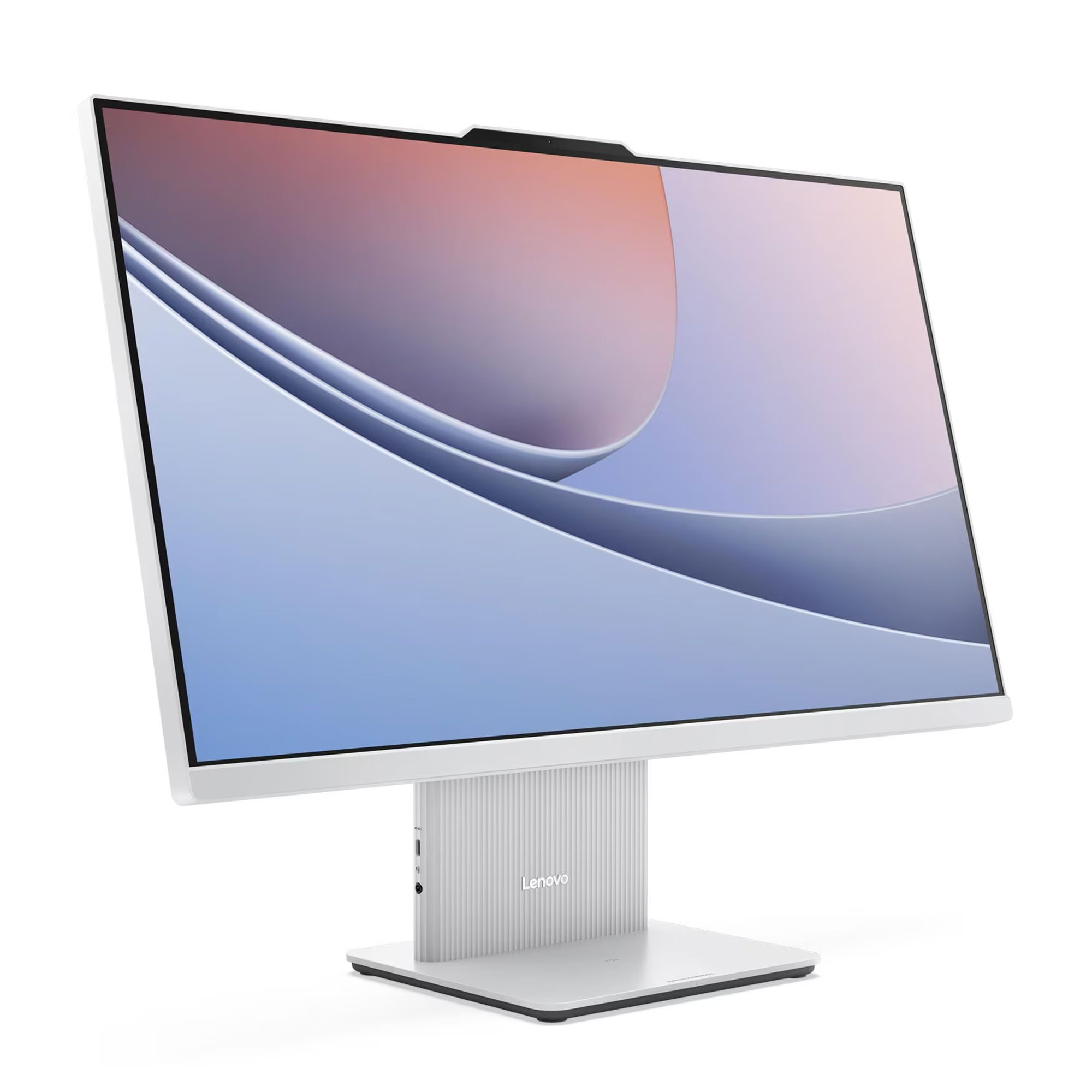 Büyük ekranlı beyaz bir Lenovo hepsi bir arada bilgisayar.