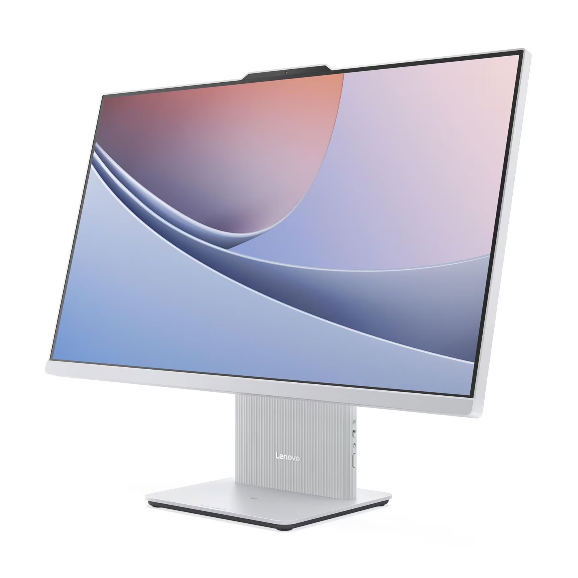 Temiz arka planlı beyaz Lenovo hepsi bir arada bilgisayar. Ekran soyut mavi ve pembe dalgalar gösteriyor.