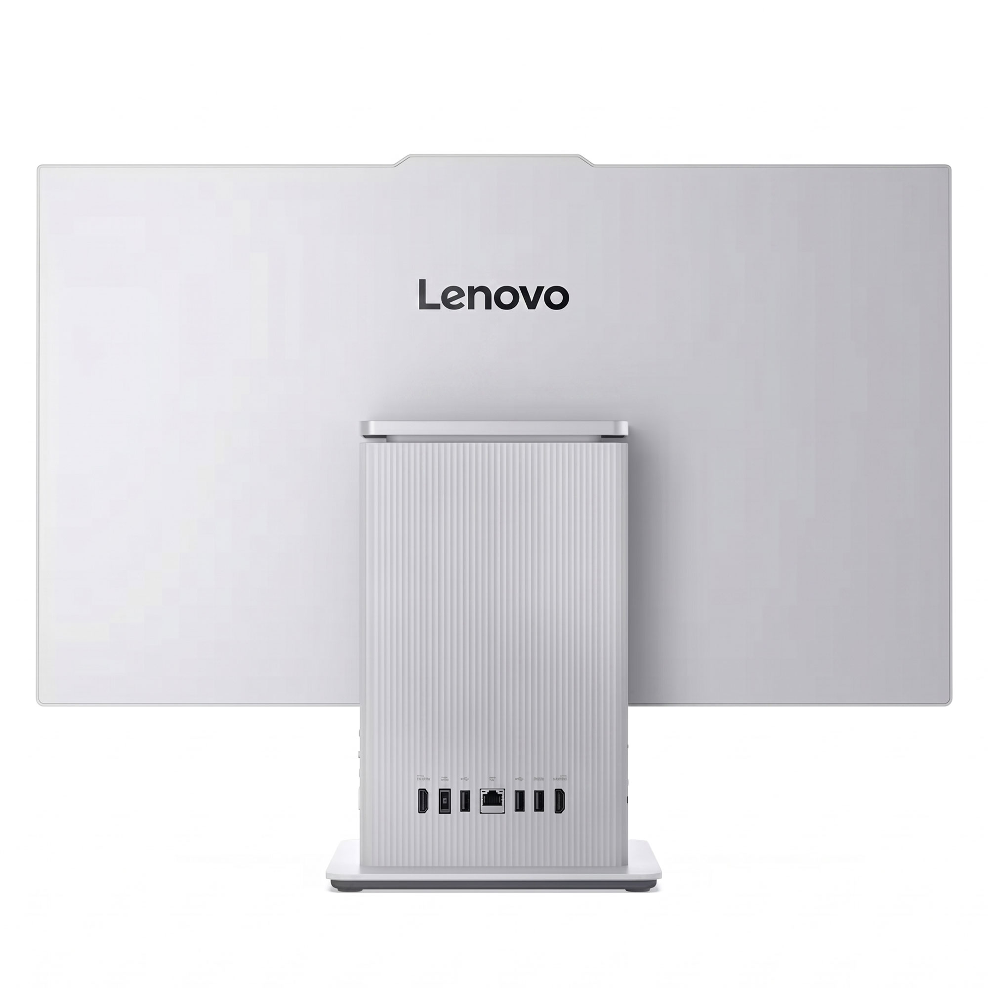 Bağlantı noktalarına sahip beyaz bir Lenovo hepsi bir arada bilgisayarın arkası.