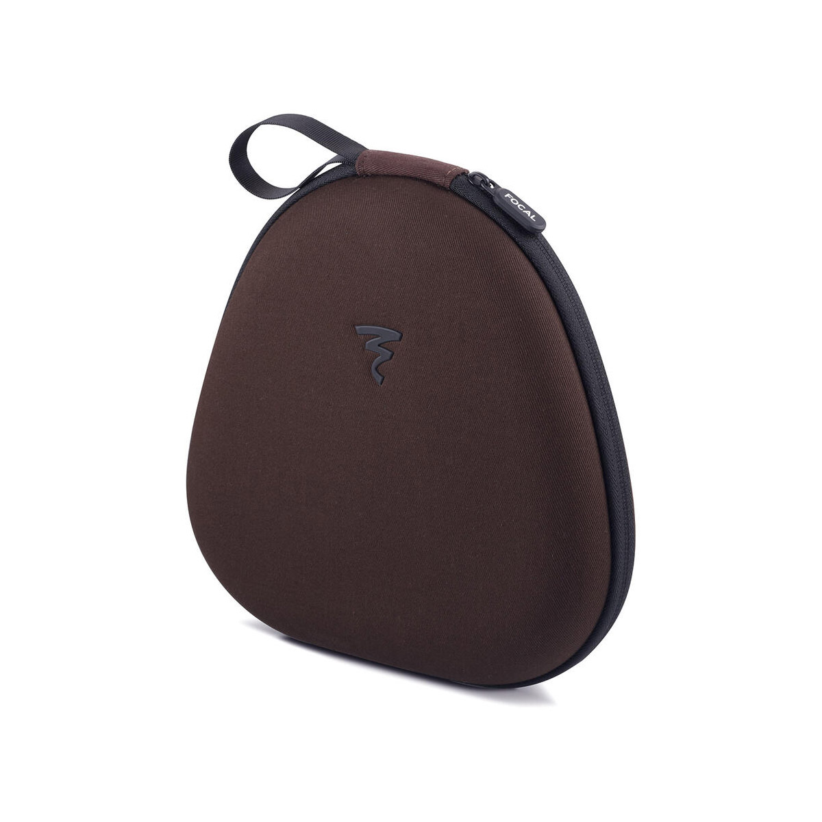 Braune Kopfhörertasche mit Focal-Logo und Reißverschluss.