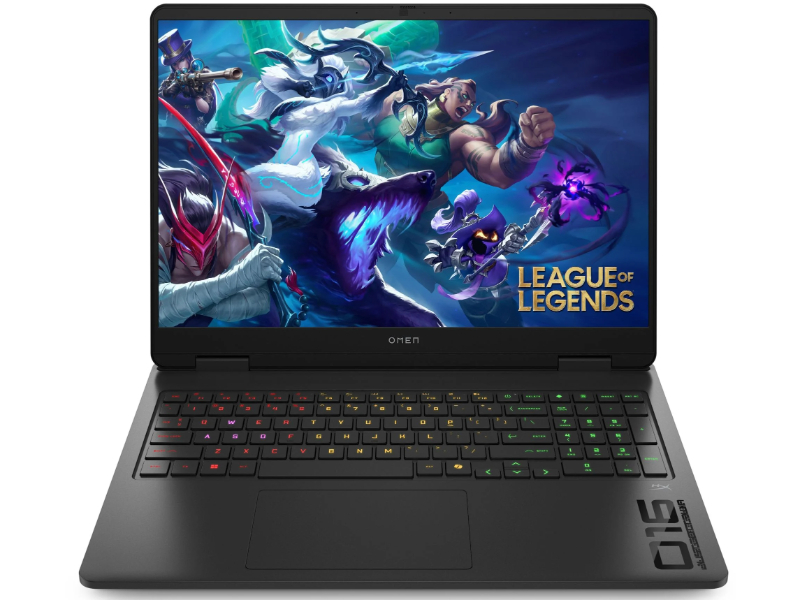 League of Legends ekranlı siyah dizüstü bilgisayar, aydınlatmalı klavyeli.