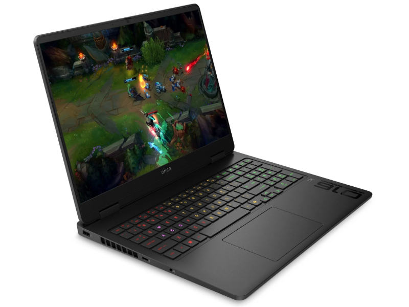 League of Legends oyunu oynanan siyah OMEN dizüstü bilgisayar, renkli klavye ışıkları.