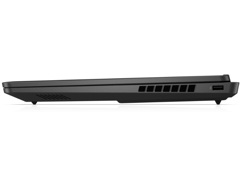 Yan taraftan görünen siyah dizüstü bilgisayar, havalandırma delikleri ve USB bağlantı noktası bulunur.