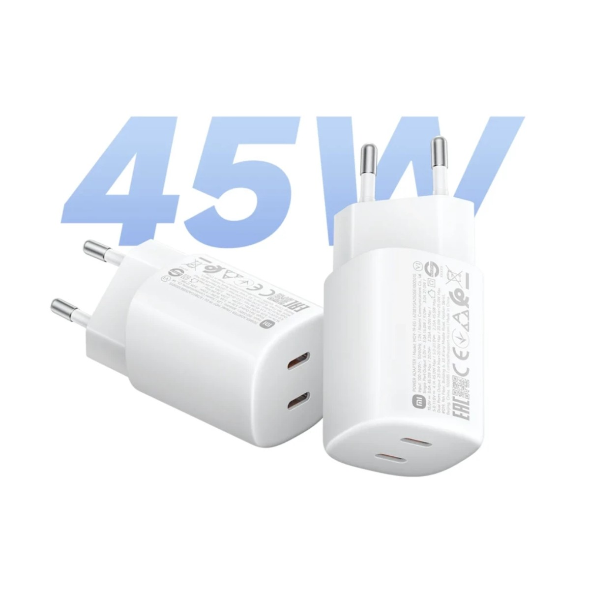 Dos cargadores USB-C blancos de 45W con clavijas y dos puertos.