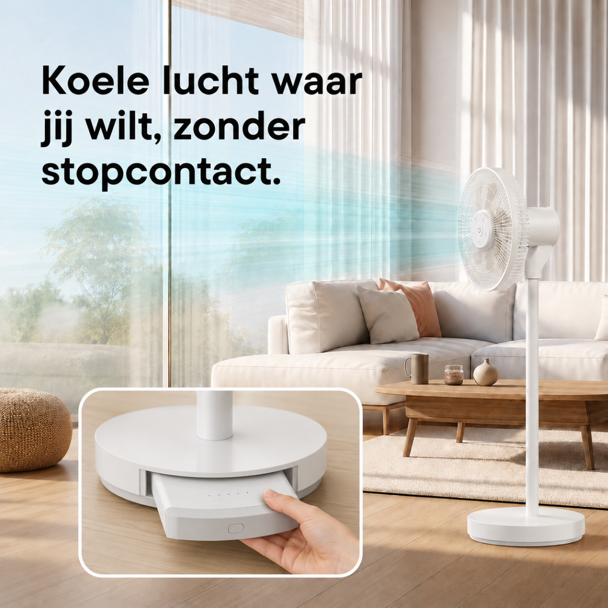 Een witte staande ventilator staat in een woonkamer naast een bank. Een batterij wordt ingevoegd.