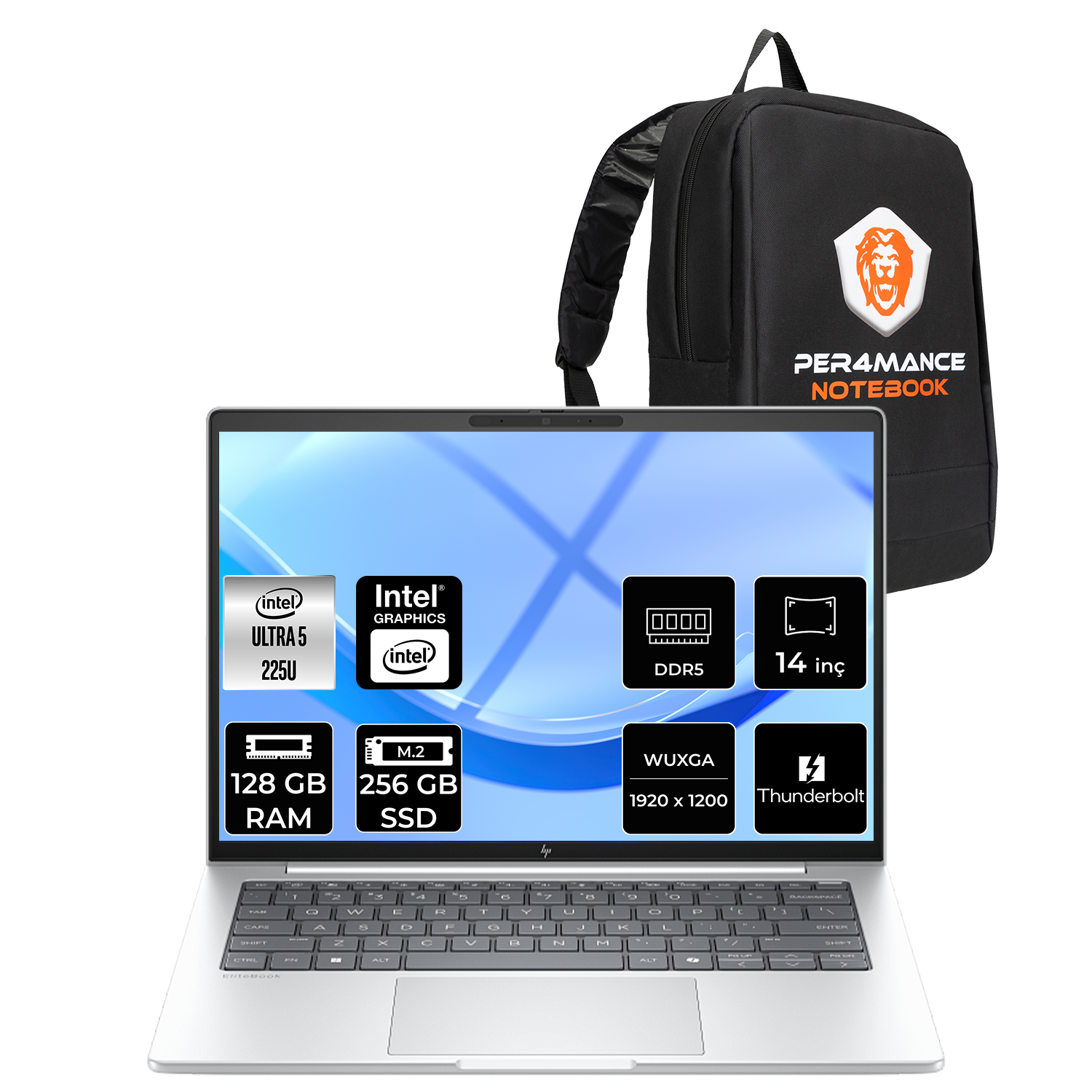 Gümüş laptop Intel Ultra 5 2250, 128 GB RAM, 256 GB SSD ve siyah sırt çantası.