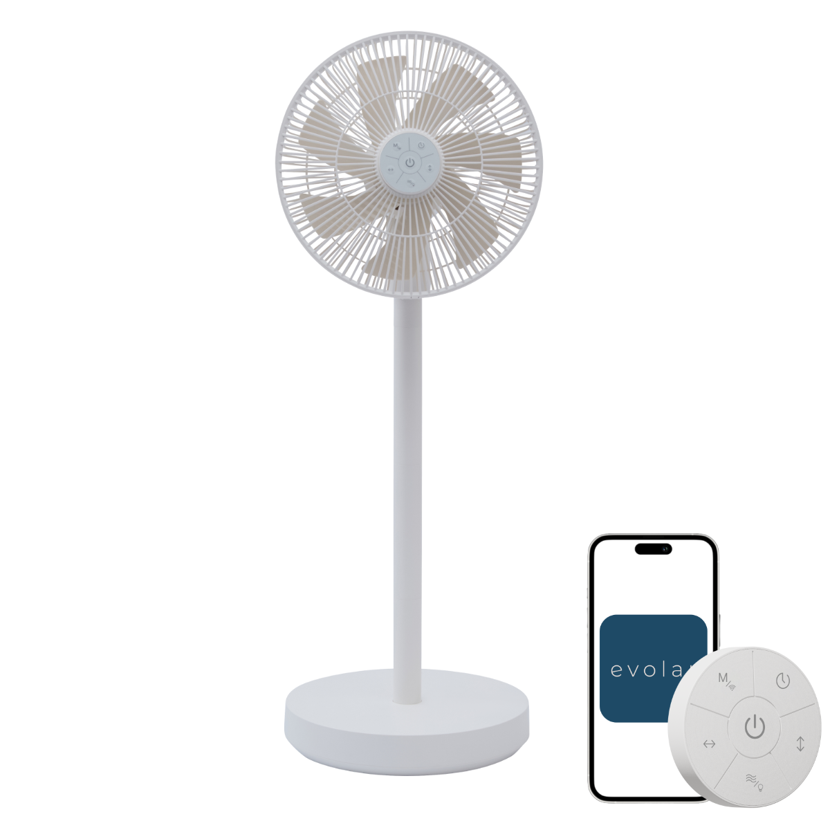 Een witte staande ventilator met afstandsbediening en smartphone.