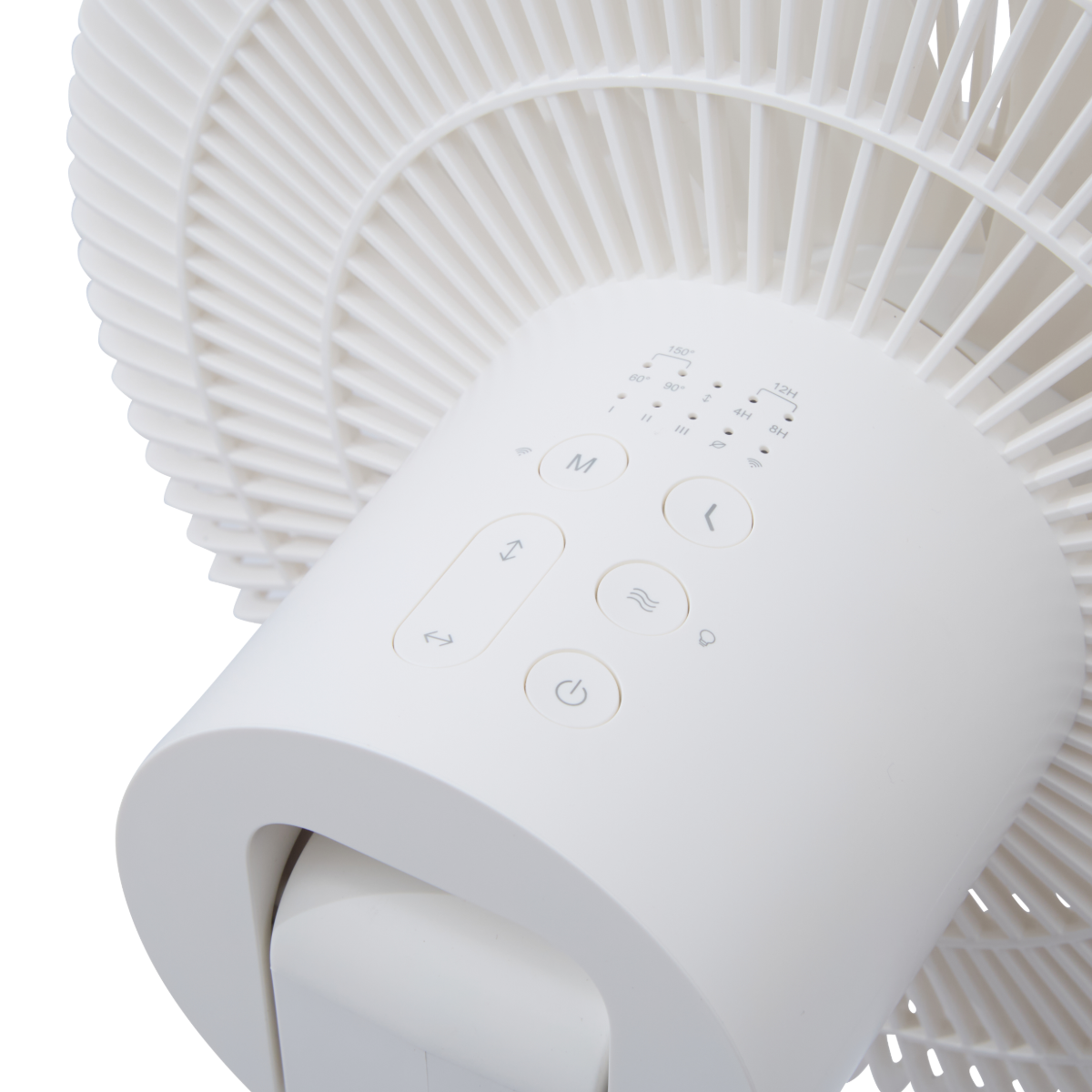 Een witte ventilator met bedieningsknoppen en timeropties.