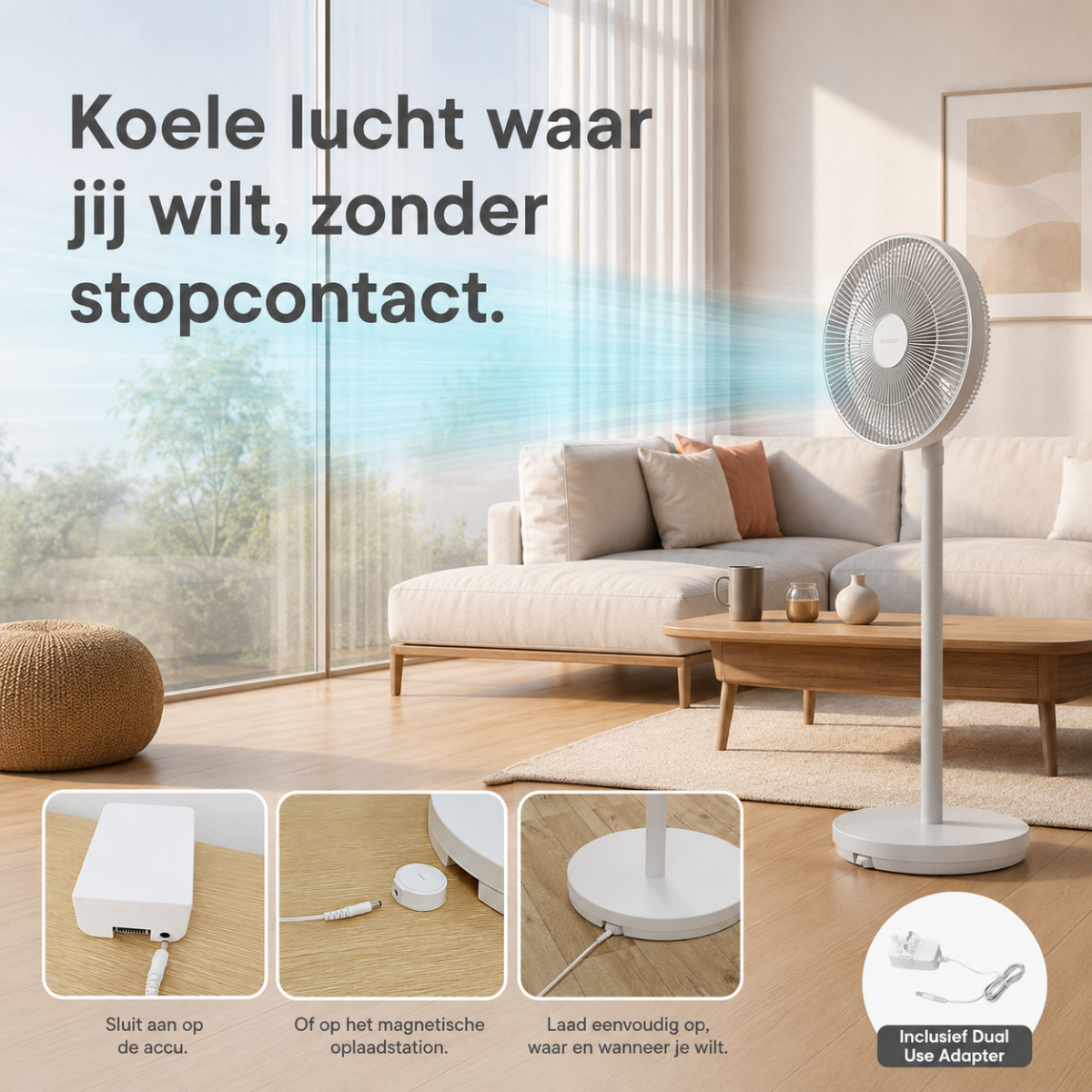 Een witte staande ventilator in een woonkamer, met close-ups van oplaadopties.