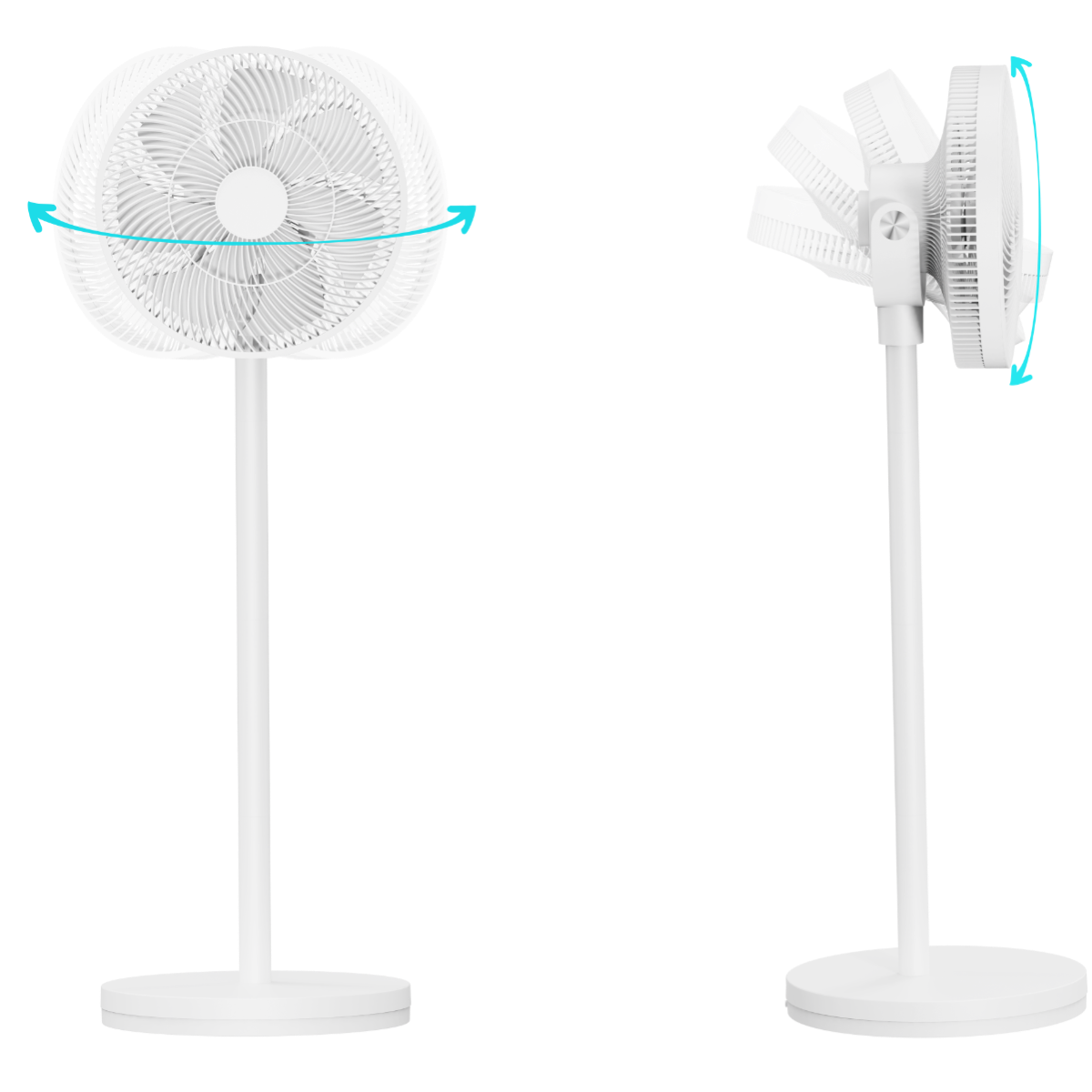 Twee witte staande ventilatoren met blauwe pijlen die zwenk- en kantelfuncties tonen.