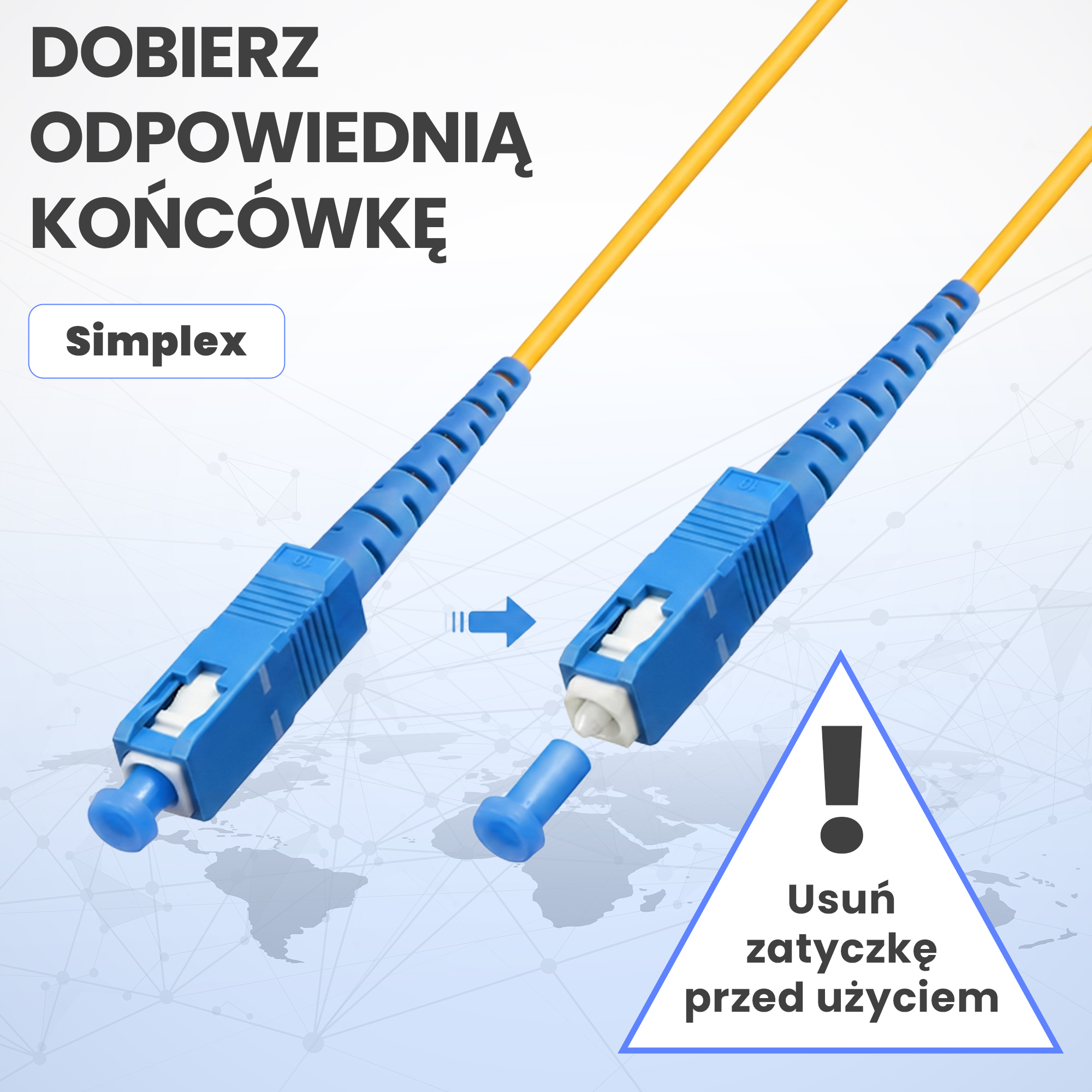 Żółty kabel światłowodowy z niebieskimi złączami. Pokazano jeden złącz.