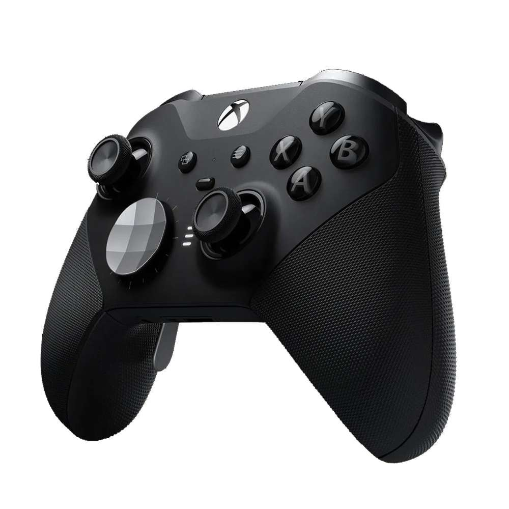 Gümüş ve siyah düğmeli, beyaz logolu siyah bir Xbox kontrolcüsü.