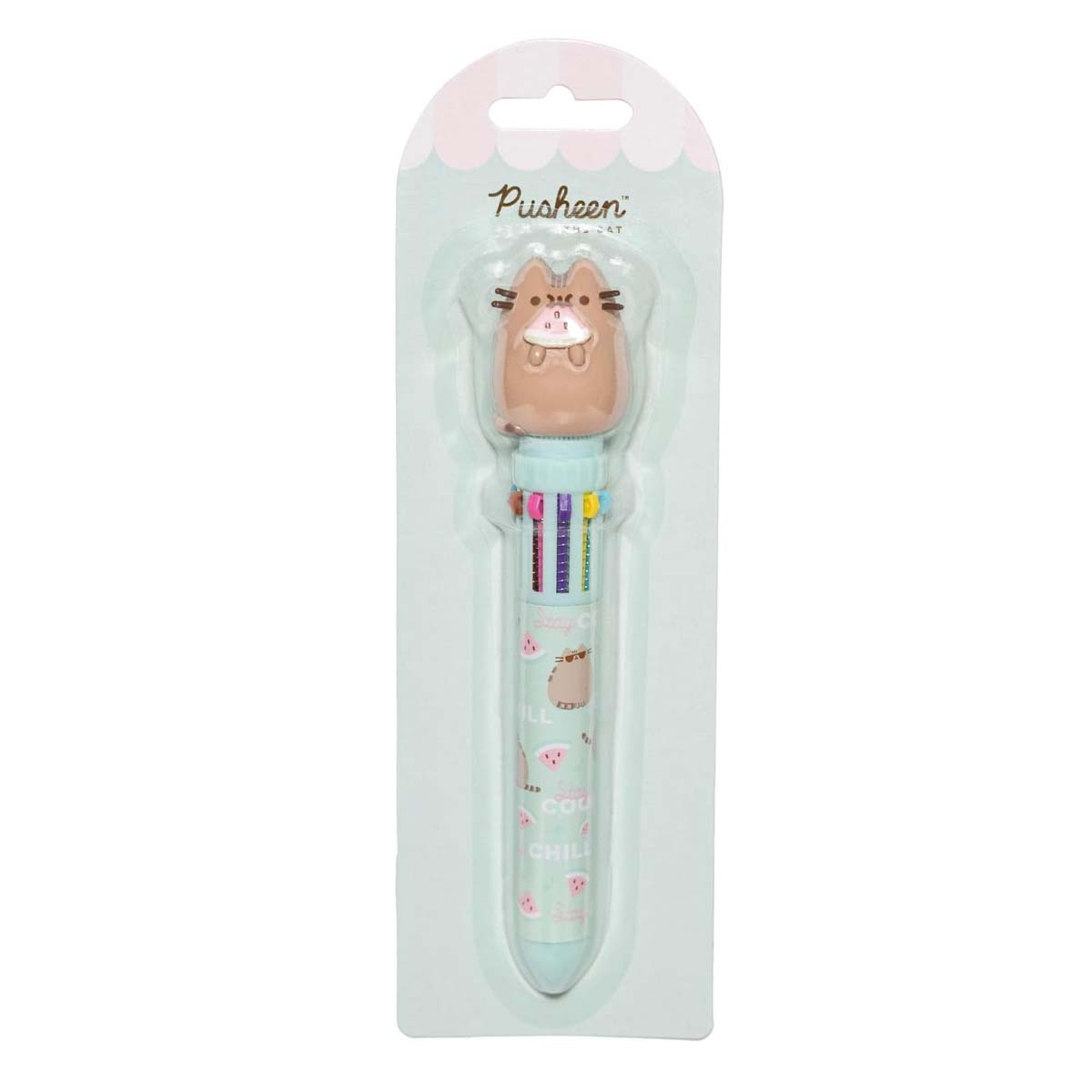 Pusheen-Katze mehrfarbiger Stift in Verpackung. Hellblauer Schaft mit Katzengrafiken.