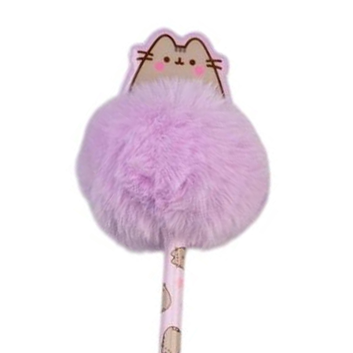 Ein flauschiger violetter Bommel ziert einen Bleistift mit Cartoon-Katzen-Topper.