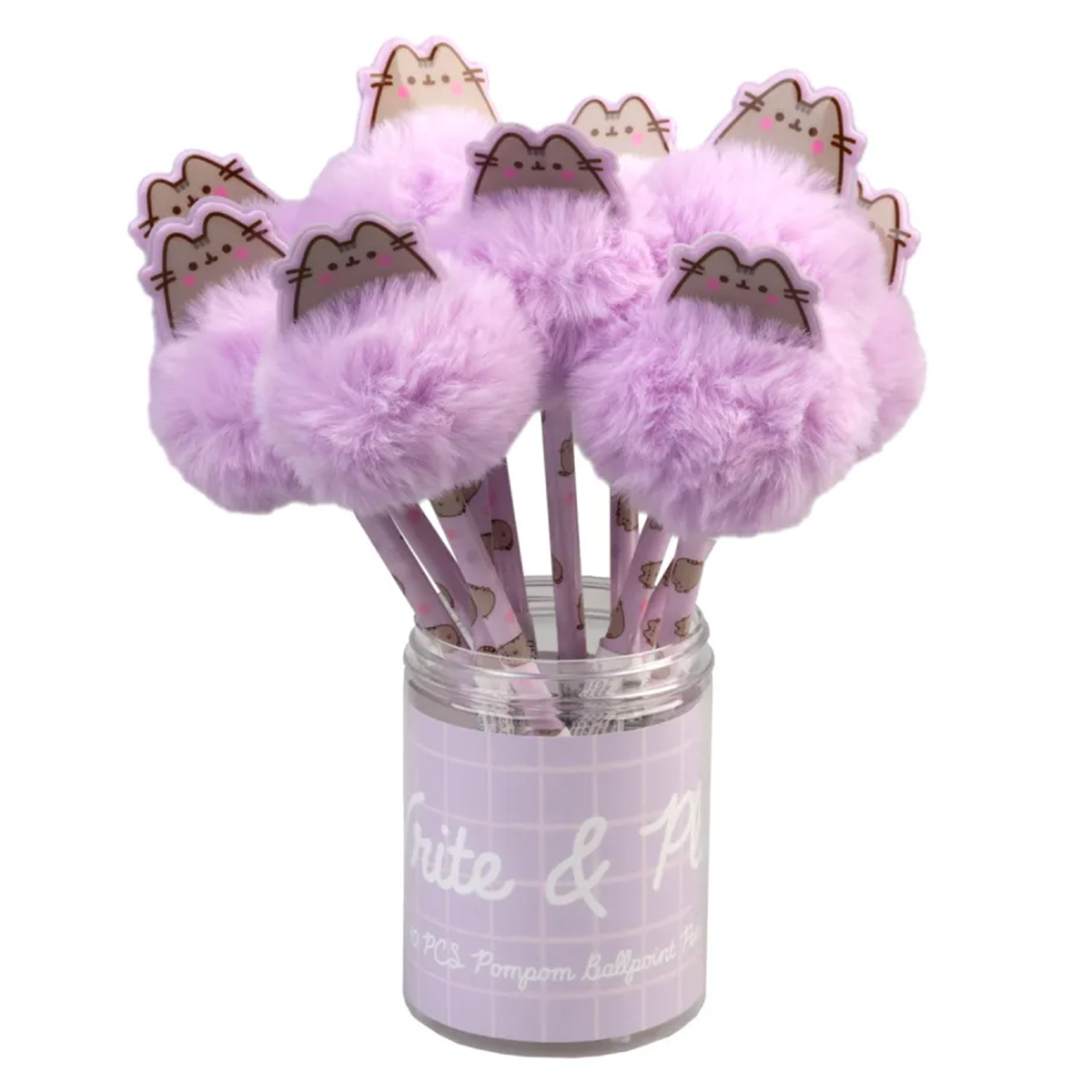 Ein Glas mit flauschigen lila Stiften mit Katzenmotiven. Die Stifte haben Puscheloberteile.