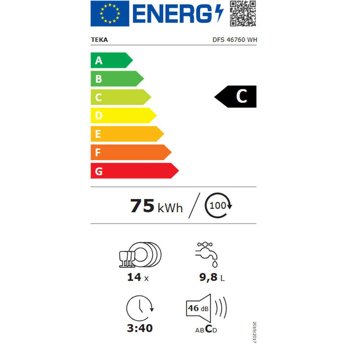 Bulaşık makinesi enerji verimliliği etiketi: C Sınıfı, 75 kWh/100 döngü, 14 kişilik, 9,8 L su.