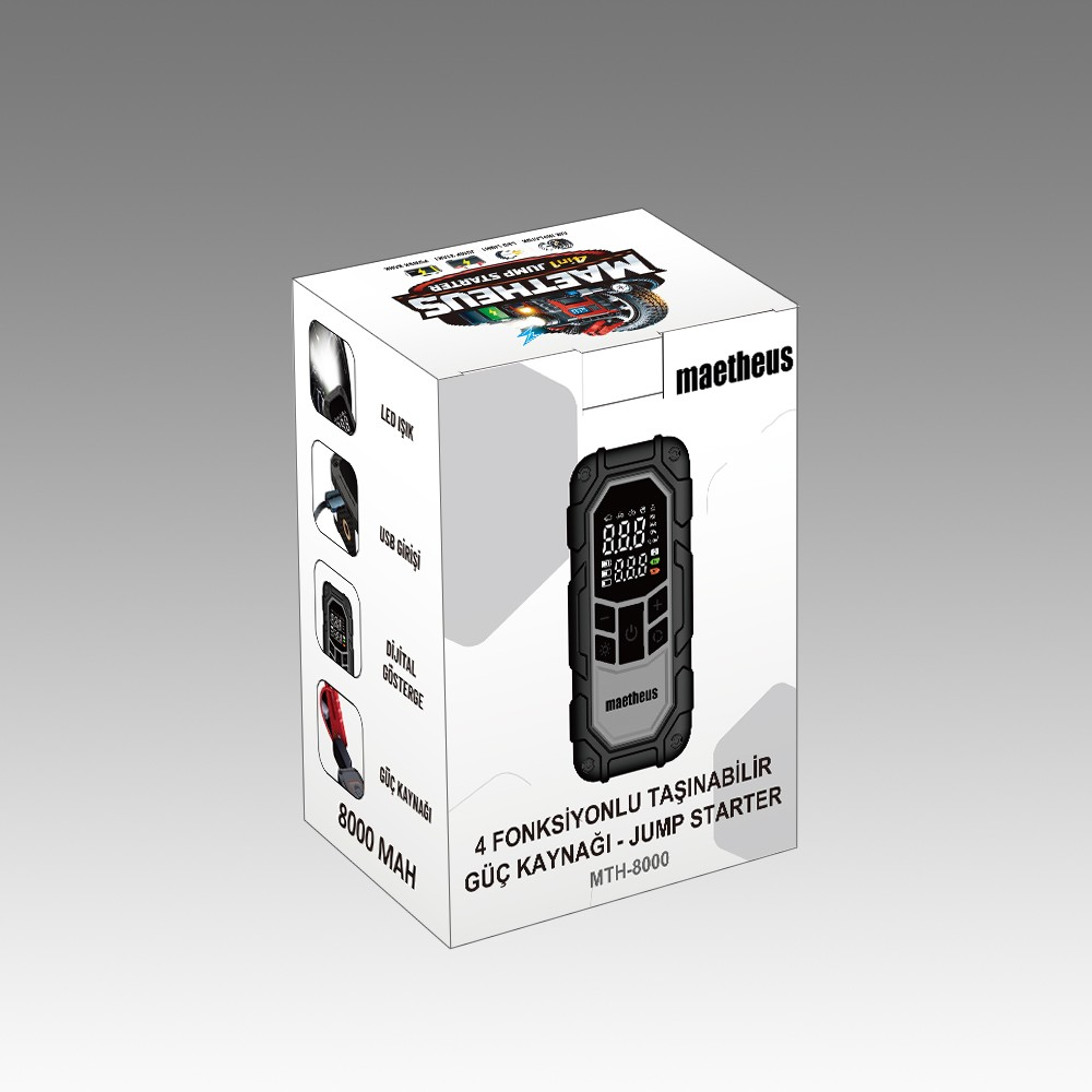 LED'li, USB'li, dijital göstergeli ve 8000 mAh'lik Maetheus 4'ü 1 arada jump starter ambalajı.