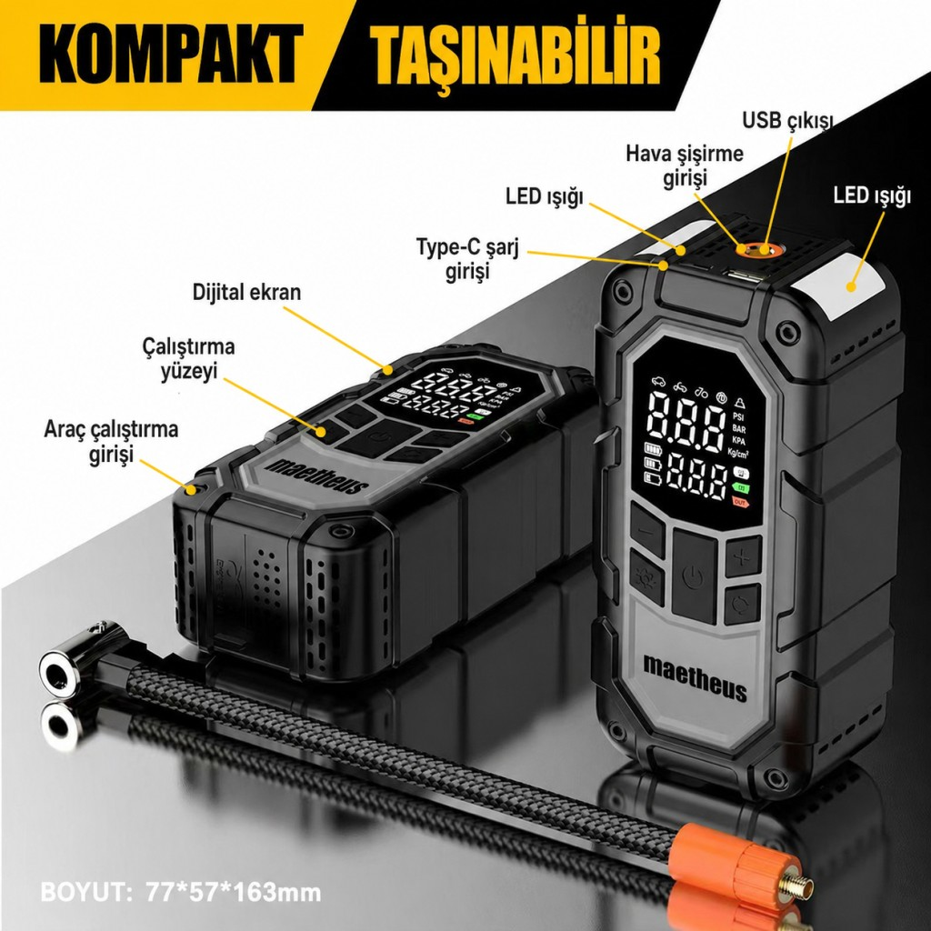 Hortumları ve dijital ekranları olan iki siyah, taşınabilir dijital hava kompresörü.