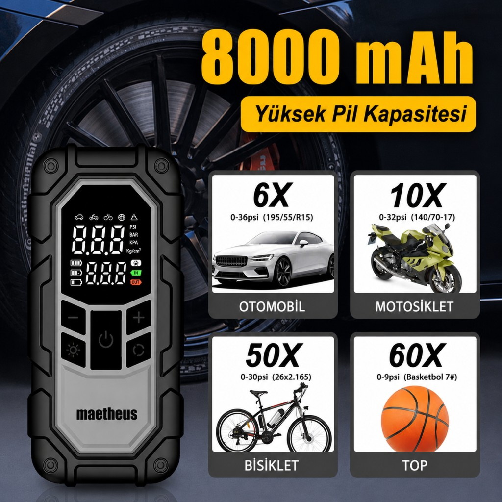 8000 mAh hava kompresörü, araba, motosiklet, bisiklet, top şişirme bilgileri.