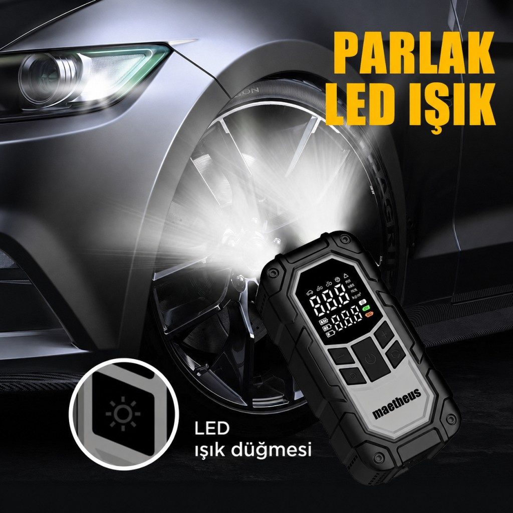 Parlak LED ışıklı siyah lastik şişirici, otomobil tekerleğine ışık tutuyor.