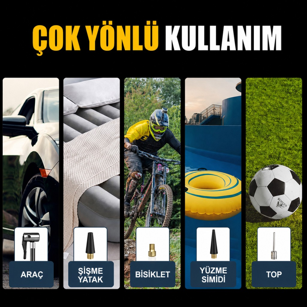 Beş görsel araba lastiği, şişme yatak, bisikletli, yüzme simidi ve futbol topu.