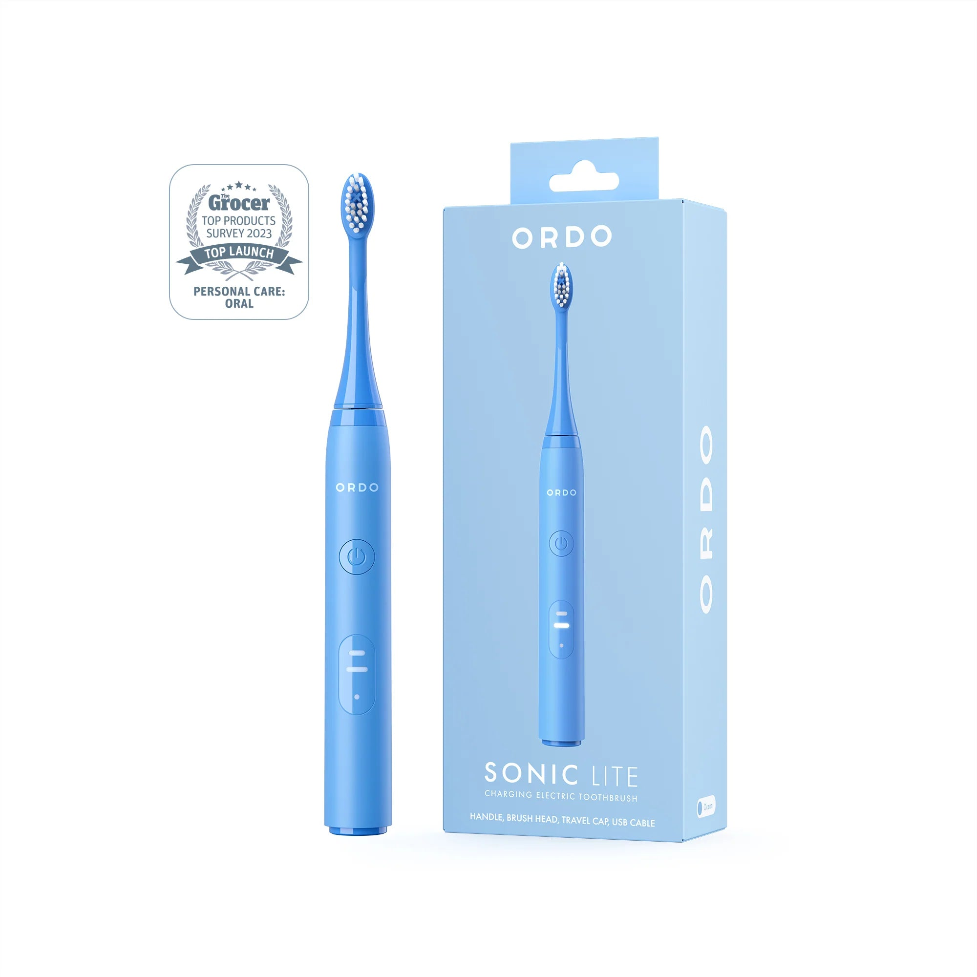 Cepillo de dientes eléctrico azul ORDO Sonic Lite y su caja. Logo de premio izq.