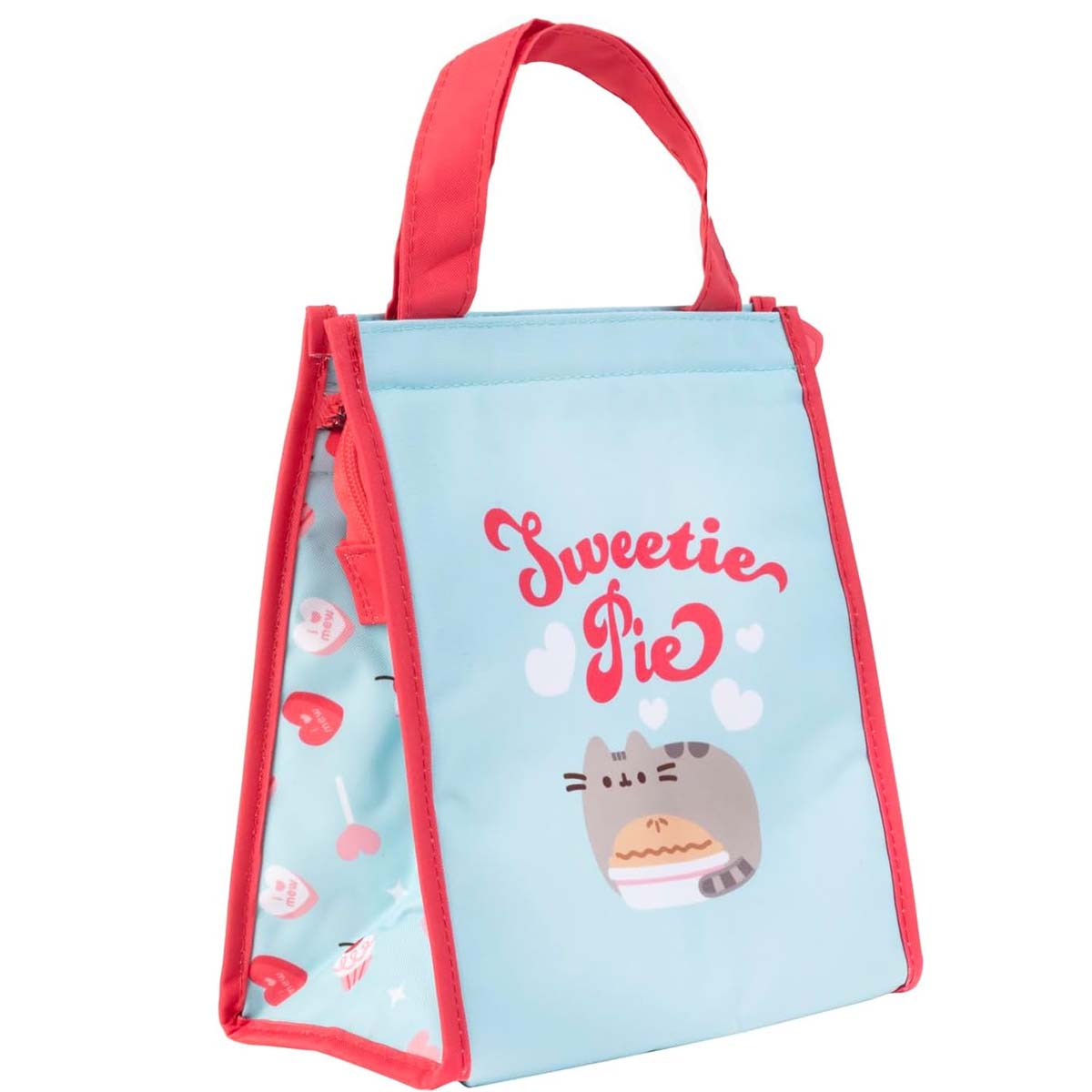 Hellblaue Tasche mit rotem Rand, Griff und Reißverschluss. Sie hat ein Katzenmotiv.