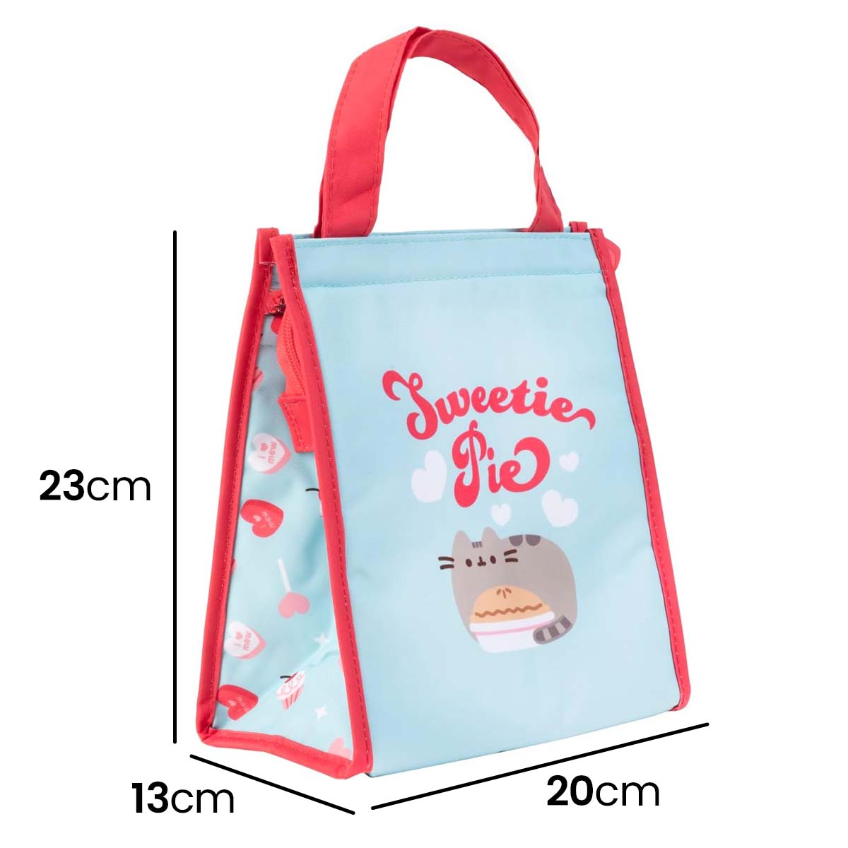 Hellblaue Lunchtasche mit rotem Reißverschluss und Griffen. Vorderseite mit "Sweetie Pie" und Katze.