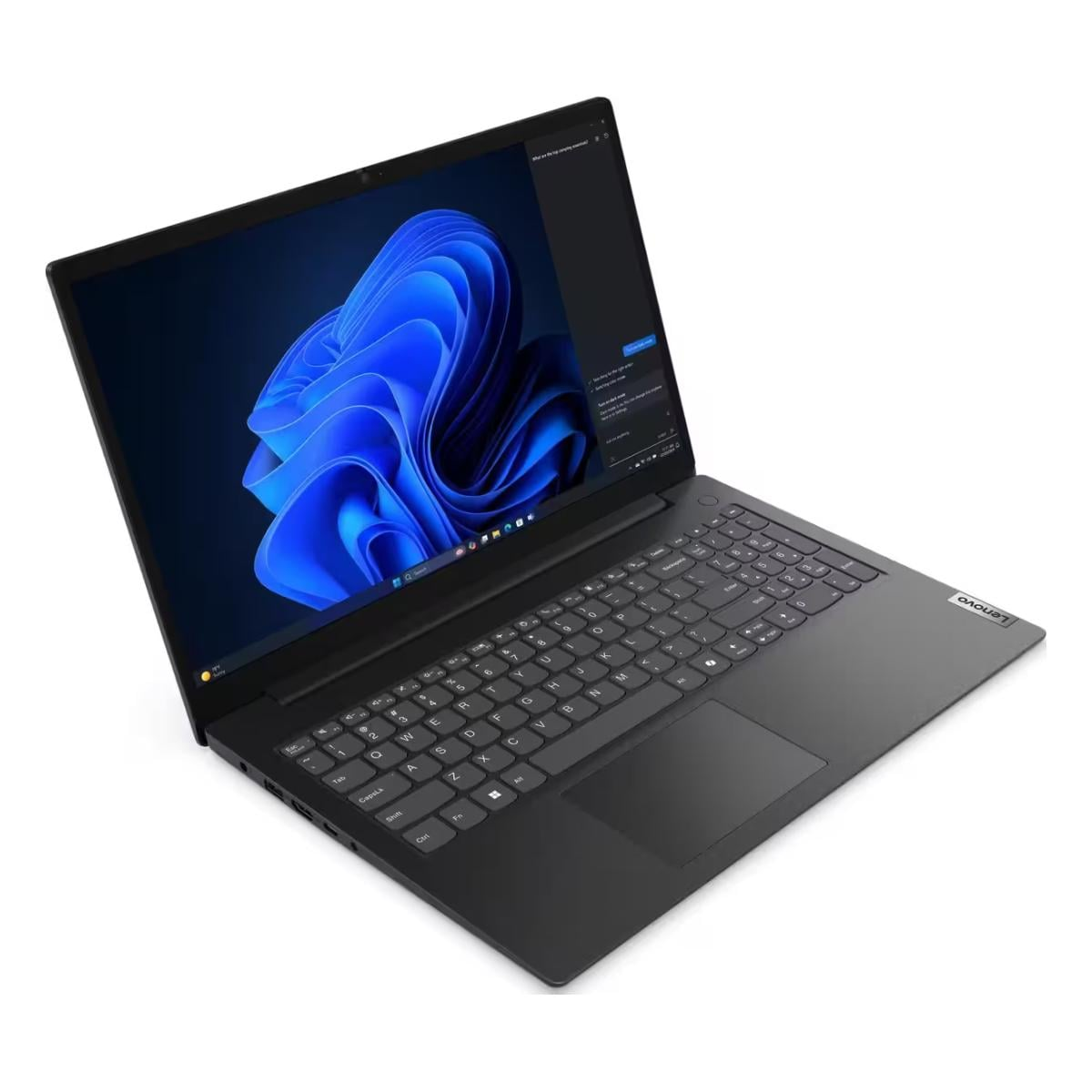 Ein schwarzer Laptop mit blauem Hintergrund auf dem Bildschirm.