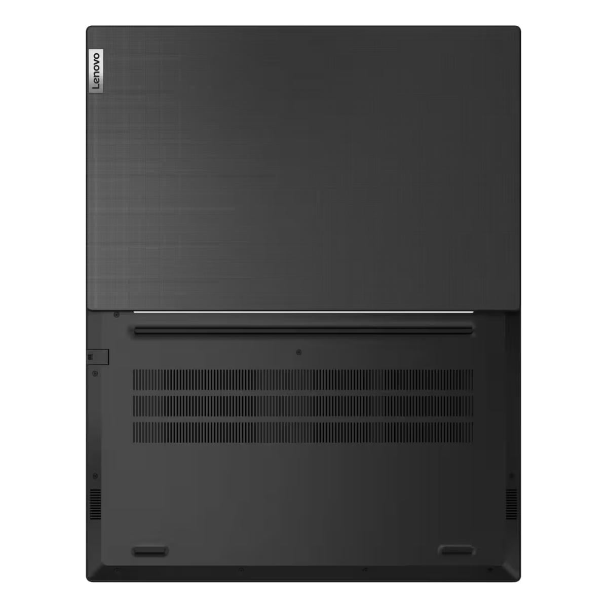 Schwarzer Lenovo Laptop von unten, mit Lüftungsschlitzen und Logo.