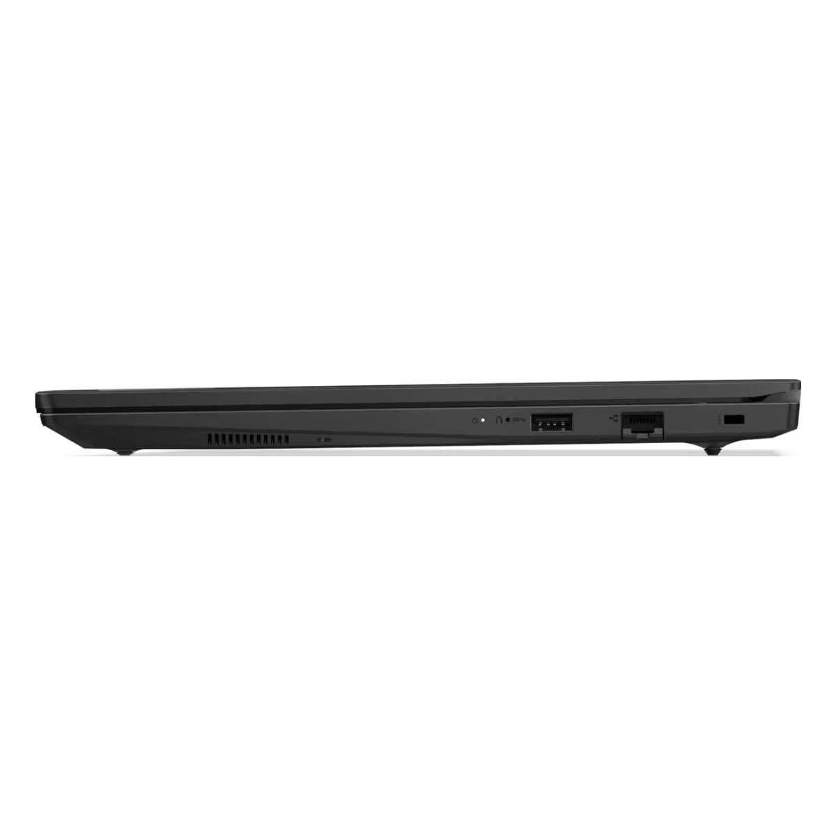 Seitenansicht eines schwarzen Laptops mit Anschlüssen und Lüftungsschlitzen.