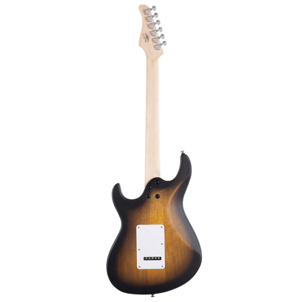 Tył gitary elektrycznej z wykończeniem sunburst i jasną szyjką.